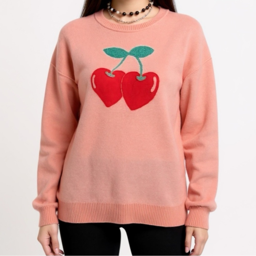Pink Sweater with  Cherry Design Pink Sweater Large NWT
